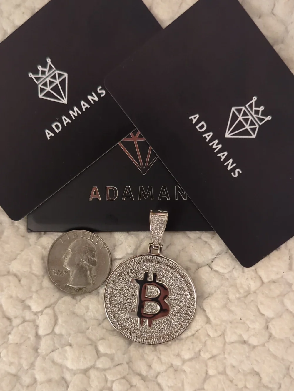 ADAMANS Pave Bitcoin Pendant in Silver & Moissante